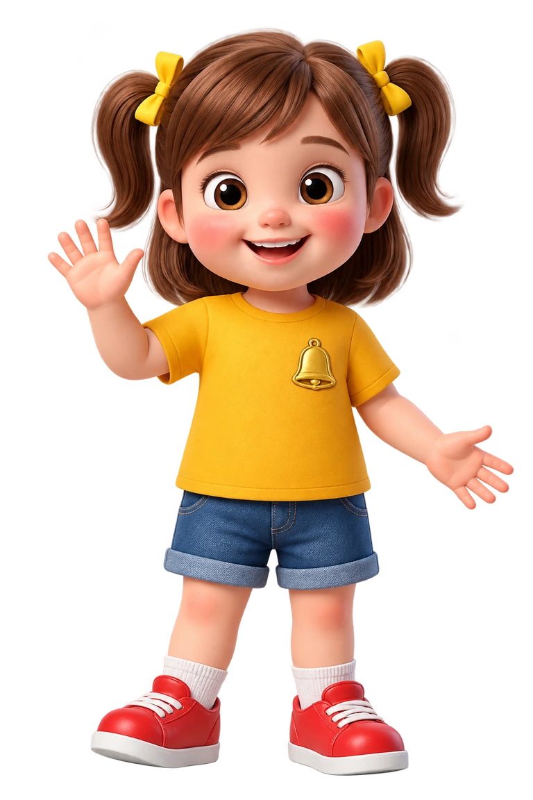 Bella waving hello in her yellow NibbleBell shirt
